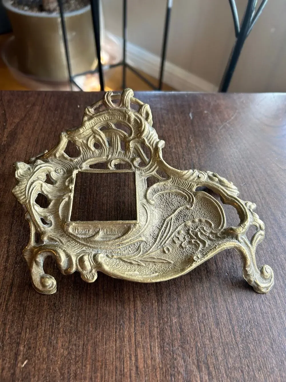 VTG Brass Art Nouveau MCM Inkwell Holder Tray Ornate Antiqued Hollywood Regency